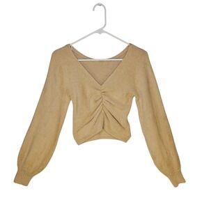 Vtg Hollister Women's Tan Fuzzy Cropped Ruched L/S Sweater Top SMALL Grunge Boho